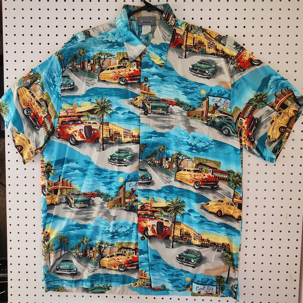 High Seas Trading Co Men XL Shirt Premium Rayon Blend Hot Rod 50s Drive In